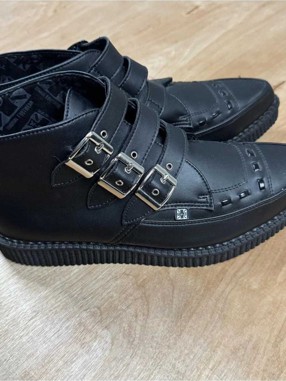 TUK Black Pointy Ankle Three Buckle Vegan Leather Creeper Boots Size M 10 W 11